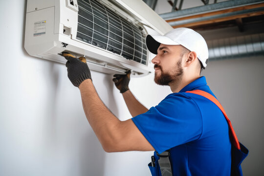 HVAC technician installing a mini split air conditioner in Davis