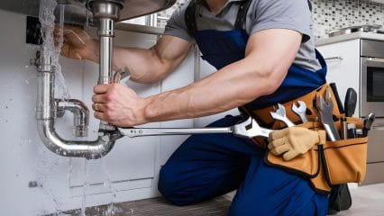 Plumber repairing pipes beneath a sink in Davis