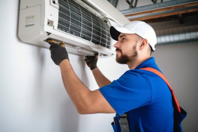 HVAC technician installing a mini split air conditioner in Davis